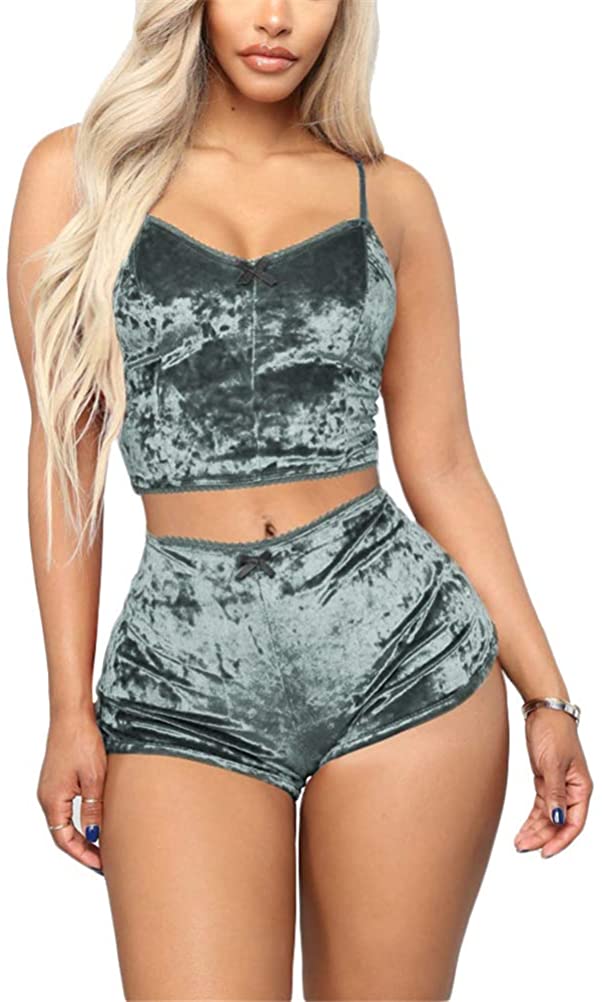 Price:$9.99 for Women Cute Short Set Women 2 Piece Outfits Women Sexy Pajama Spaghetti Strap Crop Top Vintage Velvet Shorts Gray Medium at Amazon Women’s Clothing store