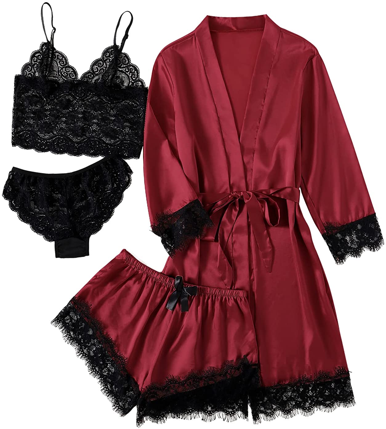 Price:$21.99 Women's 4pcs Sleepwear Satin Floral Lace Trim Cami Pajama Set with Robe at Amazon Women’s Clothing store