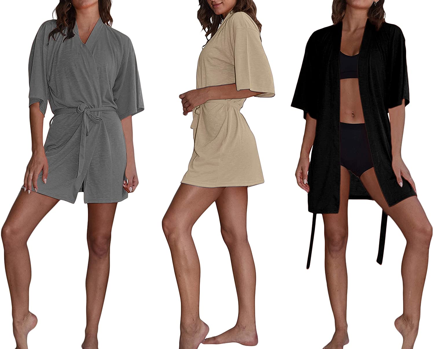 Price:$24.99 Kimono Robes (3 -Pack) Lightweight Bath Robe/Soft Sleepwear V-Neck Ladies Nightwear - Coverup at Amazon Women’s Clothing store