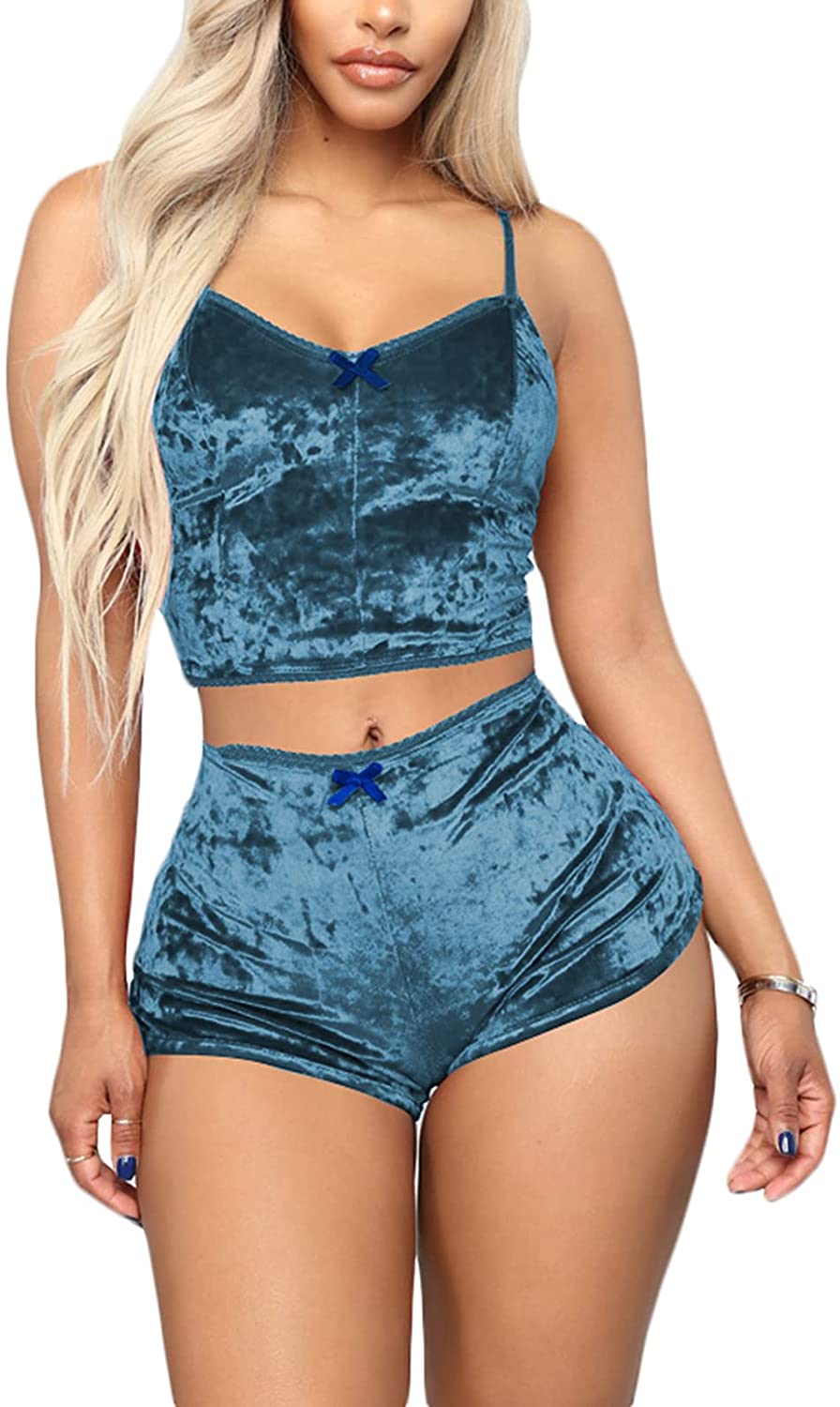 Price:$9.99 Sexy 2 piece Outfits for Women - Velvet Spaghetti Strap Crop Top Camisole and Shorts Sleepwear Pajama Set Blue at Amazon Women’s Clothing store