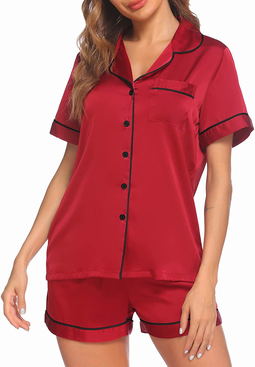 Price:$19.99 Satin Pajamas Women's Short Sleeve Sleepwear Soft Silk Button Down Loungewear Pjs Shorts Set S-XXL at Amazon Women’s Clothing store