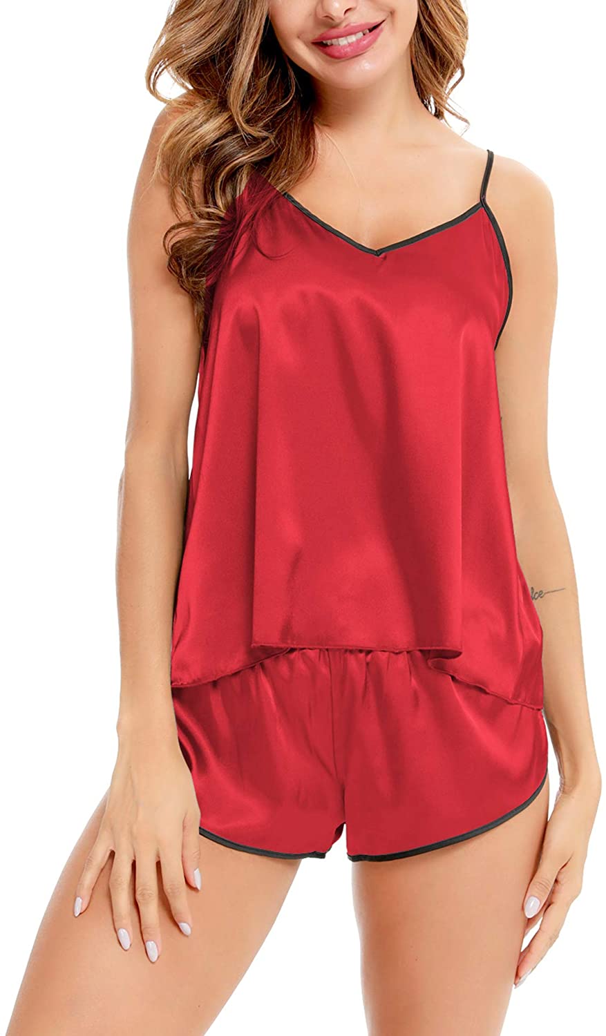 Price:$7.99 Womens Sexy Lingerie Silky Satin Pajamas Cami Shorts Set Sleepwear at Amazon Women’s Clothing store