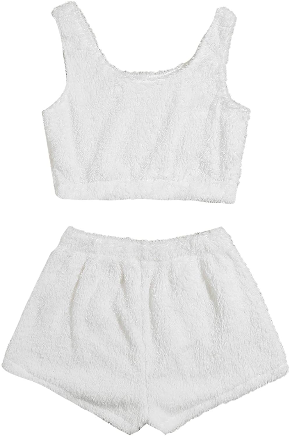 Price:$14.56 Women's Fluffy Pajamas Set Crop Tank Top with Shorts Loungewear at Amazon Women’s Clothing store