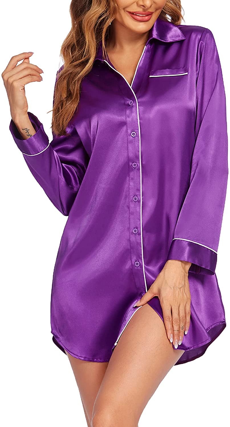Price:$17.99 Nightgown Women's Satin Sleepwear Button Down Nightshirt Silk Sleep Shirt Long Sleeve Nightwear at Amazon Women’s Clothing store