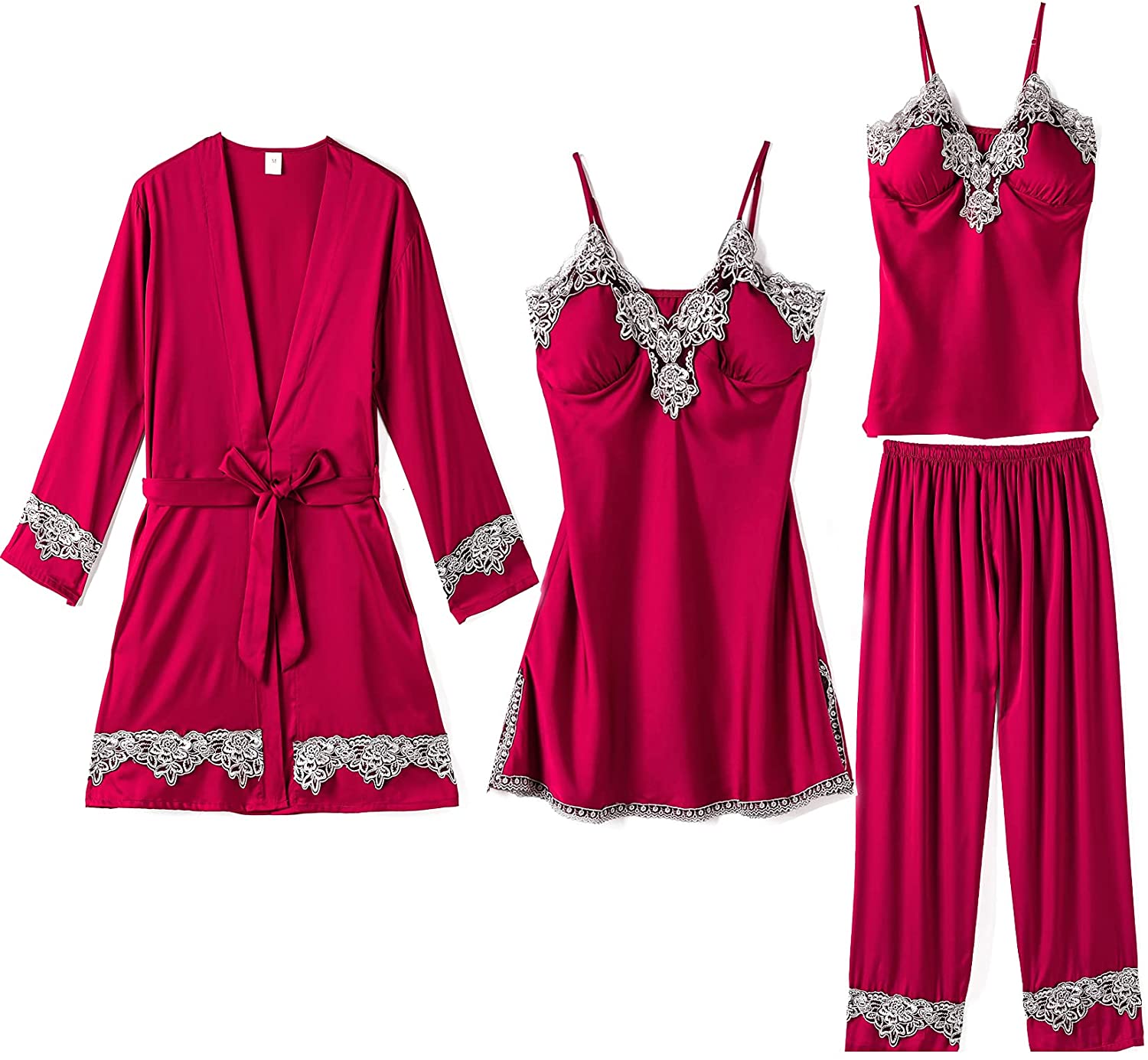 Price:$39.99 SONG Womens Silk Satin Sleepwear with Robe Nightgown 4 PCS Summer Pajamas Set Soft Loungewear Sexy Lingerie at Amazon Women’s Clothing store