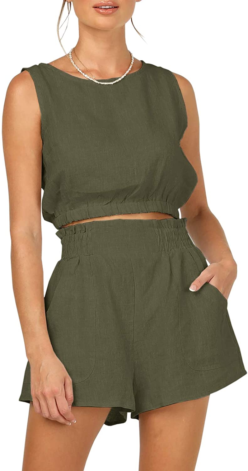 Price:$19.99 Women's 2 Piece Outfits Sleeveless Crop Tank Top and High Waist Pocketed Shorts Loose Summer 2pcs Short Sets at Amazon Women’s Clothing store