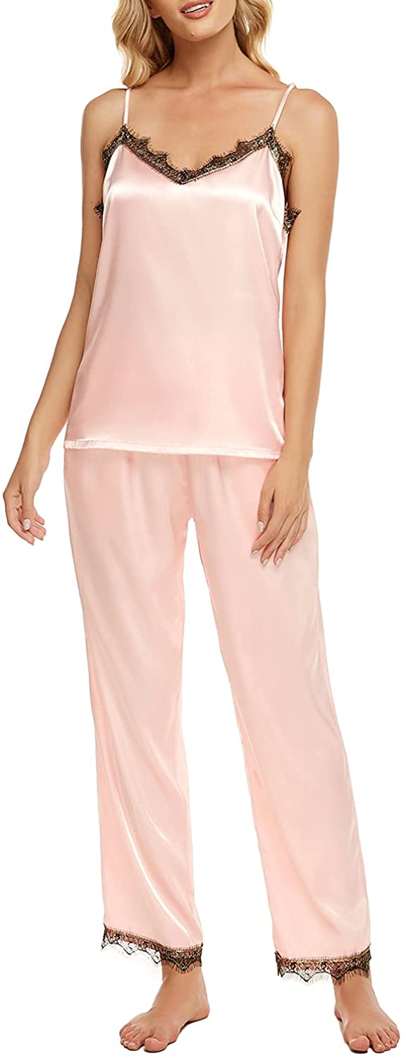 Price:$9.99 Womens Satin Pajama Set Silk Sleepwear Cami Top and Pants Sexy Lingerie 2 Piece Pj Sets at Amazon Women’s Clothing store