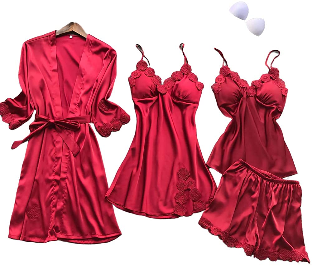 Price:$17.67 Women's 4pcs Silk Satin Pajama Set Sexy Cami Top Nightgown Lace Sleepwear Robe Sets Nightdress with Chest Pads : Clothing, Shoes & Jewelry