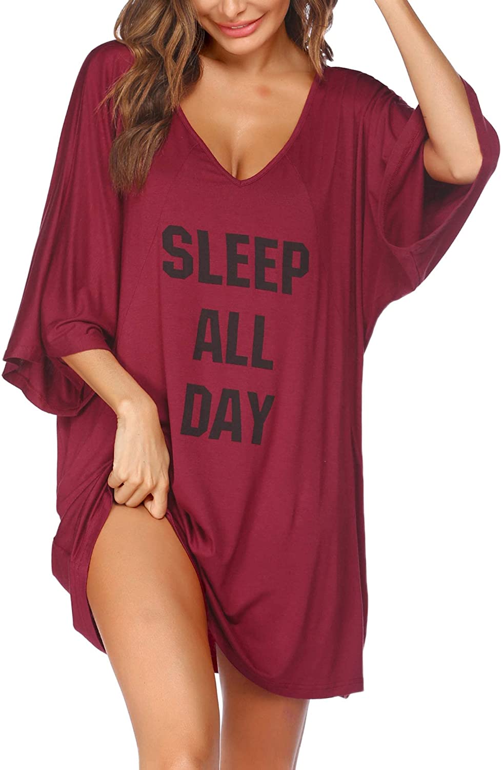 Price:$9.99 Women's Sleepshirt Deep V Neck Nightgown Batwing Nightshirt Oversized Sleepwear Loungewear Plus Size at Amazon Women’s Clothing store