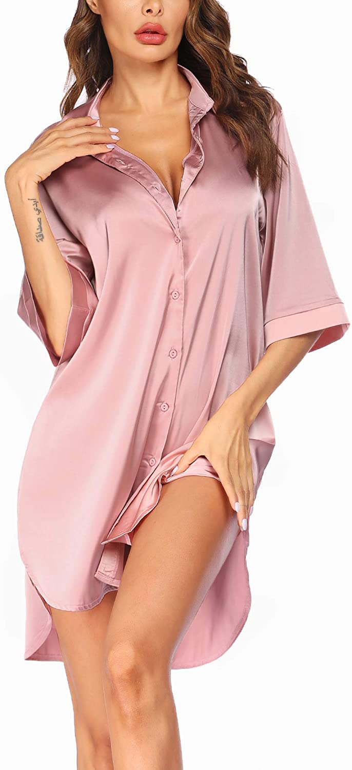 Price:$28.89 Women's Nightgown Button Down Sleepshirt Satin 3/4 Sleeve Nightshirt Boyfriend Notch Collar Sleepwear at Amazon Women’s Clothing store