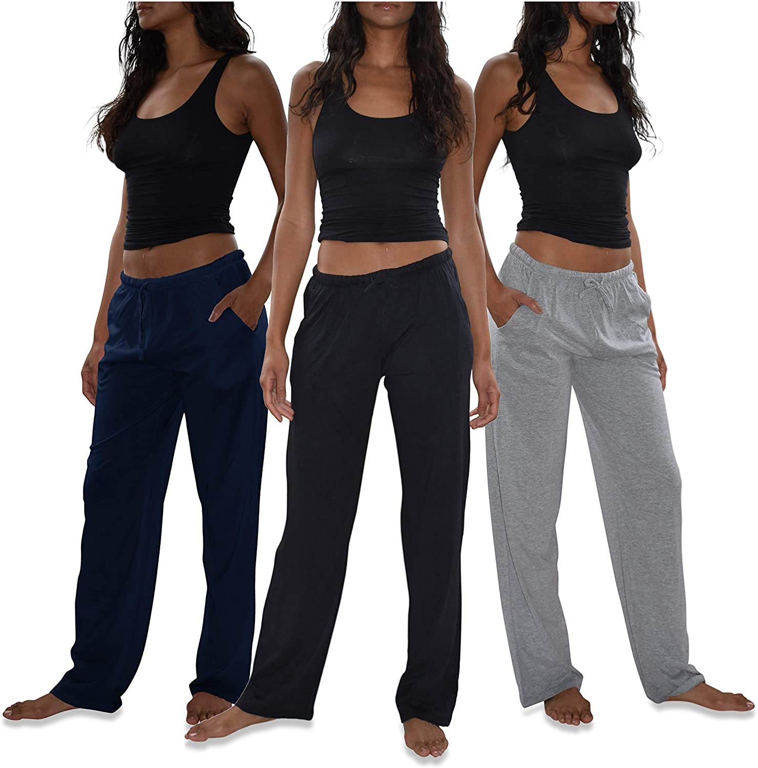 Price:$27.99 Basics Women's 3 Pack Soft Flex-Cotton Knit Pajama Pants/Lounge Pants/Sleep Pants at Amazon Women’s Clothing store