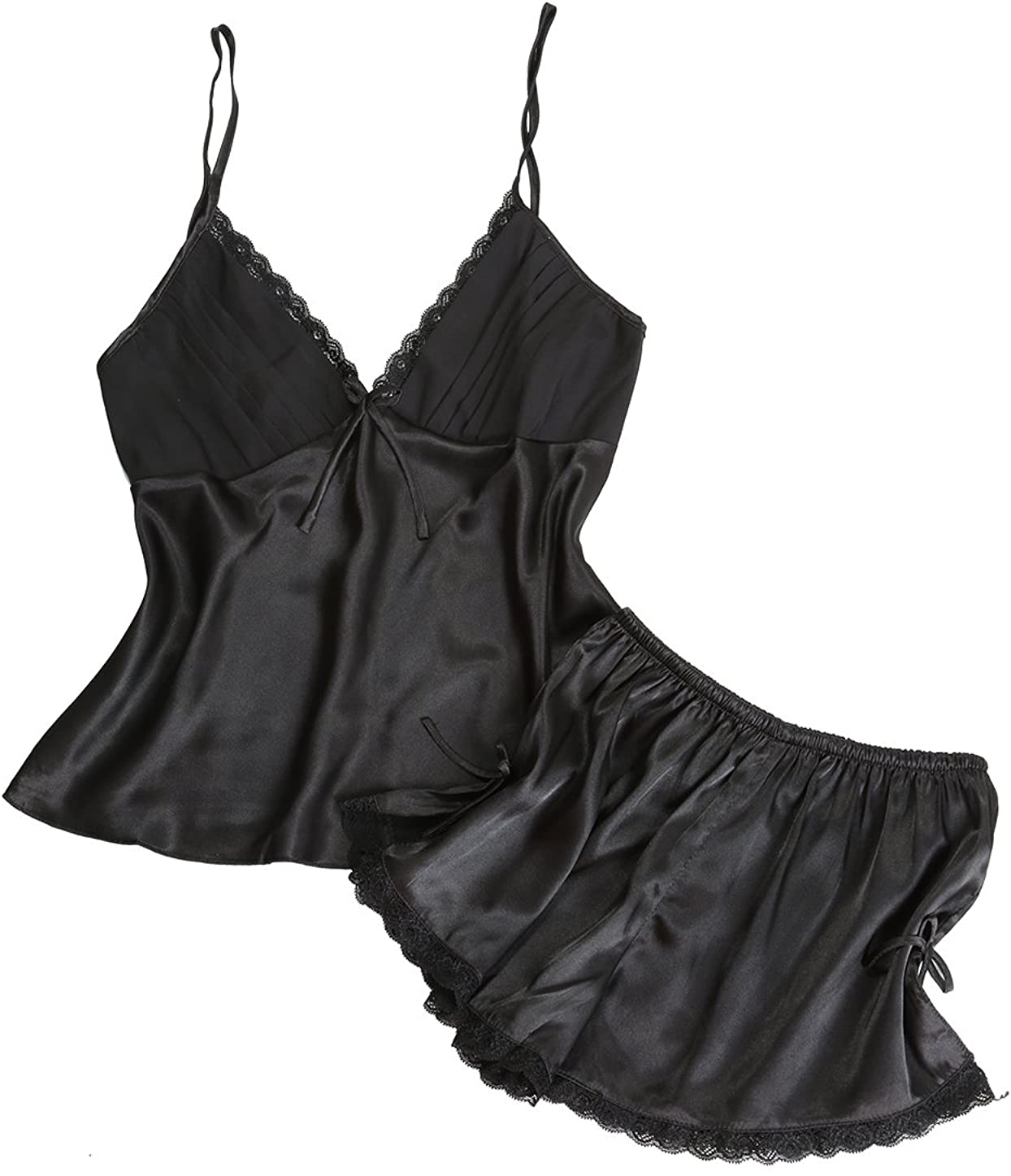 Price:$15.99 Women Backless Satin Lace Cami Shorts Sleepwear Pajamas Set Nightwear at Amazon Women’s Clothing store