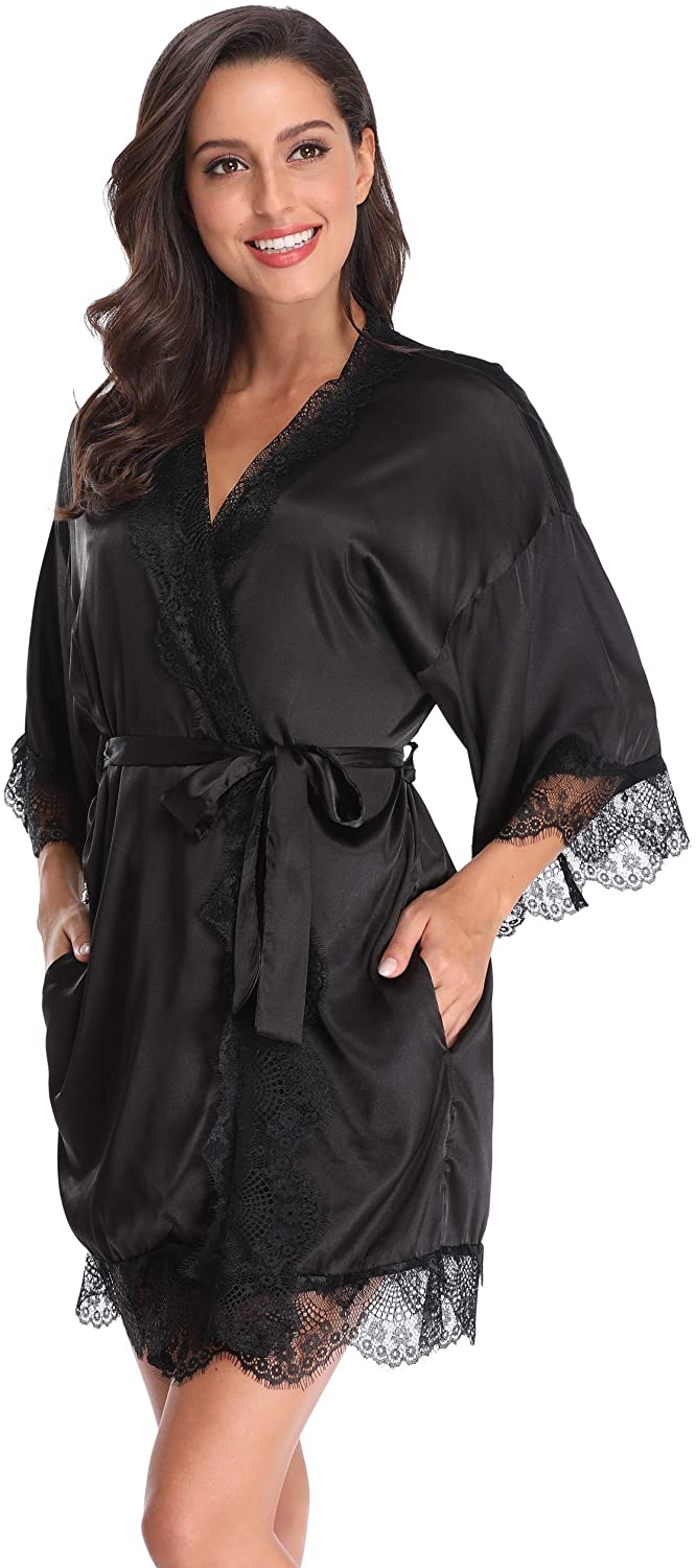 Price:$9.99 JAN Women's Short Kimono Robes Satin Sexy Lace Trim Bathrobes Bride Bridesmaid Gowns for Wedding Lightweight Pure Color at Amazon Women’s Clothing store