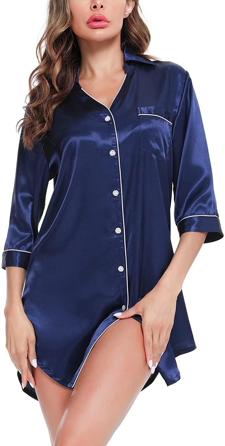 Price:$21.99 Women's Nightgown 3/4 Sleeve Sleepshirt Button Down Satin Sleepwear Boyfriend V Neck Pajama Top at Amazon Women’s Clothing store