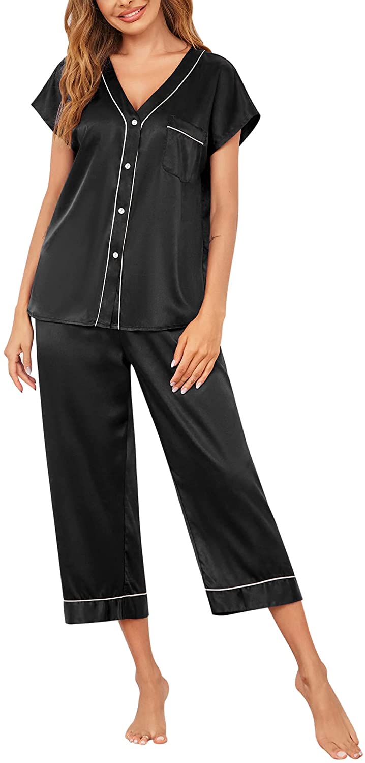 Price:$28.99 Women Silk Satin Pajamas Button Down Lounge Sets Short Sleeve Sleepwear at Amazon Women’s Clothing store