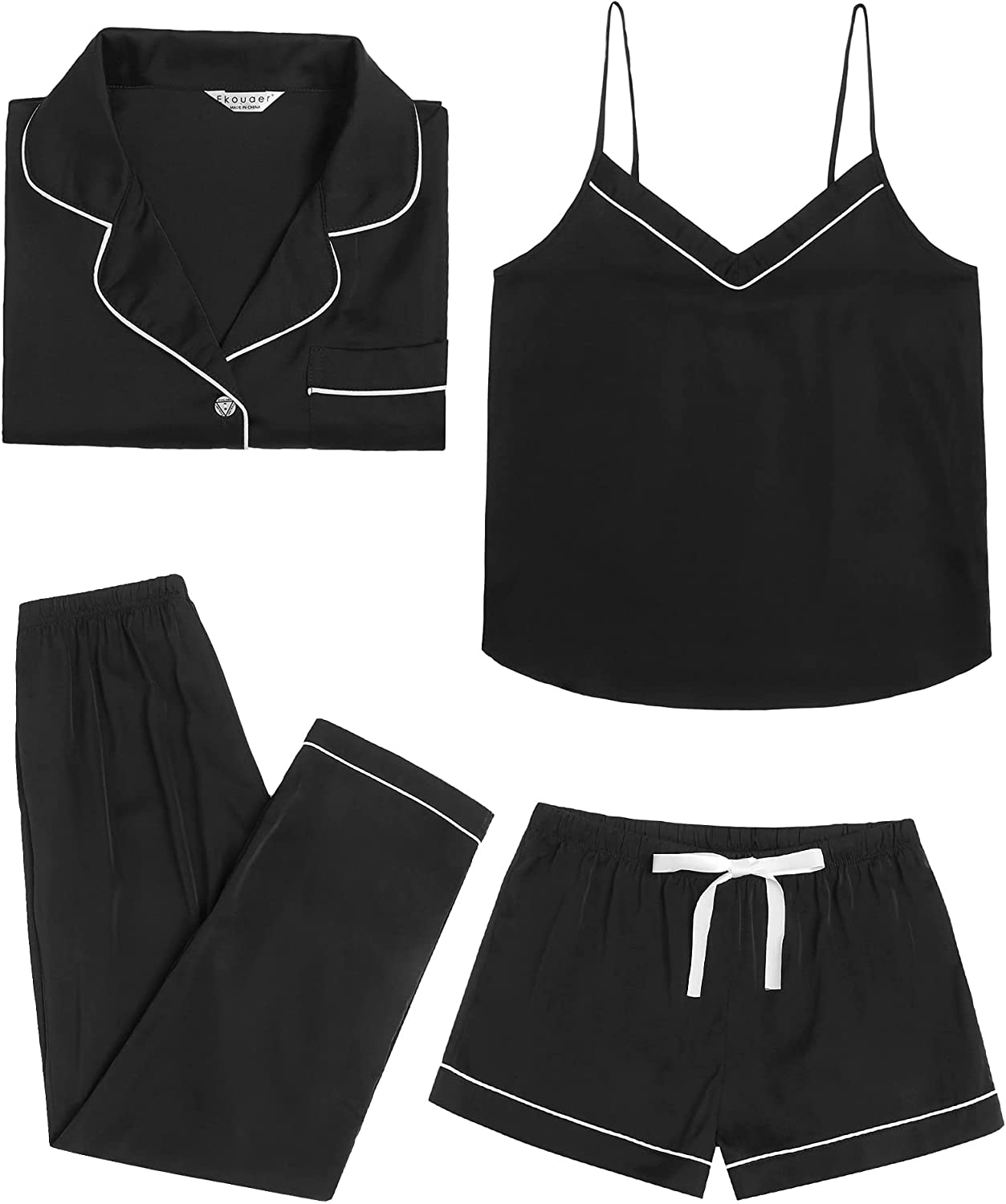 Price:$35.99 Womens Sleepwear 4 pcs Satin Pajama Set Sexy Cami Shorts Set Button Down Long Sleeve Pjs Nightwear at Amazon Women’s Clothing store