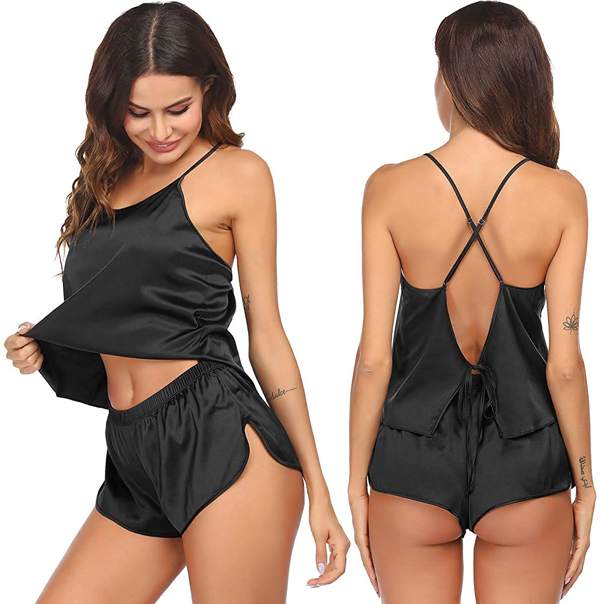 Price:$6.99 Pajamas Sexy Women Satin Sleepwear Lingerie 2 Piece Silk Pjs Cami top and Shorts Sleep Camisole Nightwear Gift at Amazon Women’s Clothing store