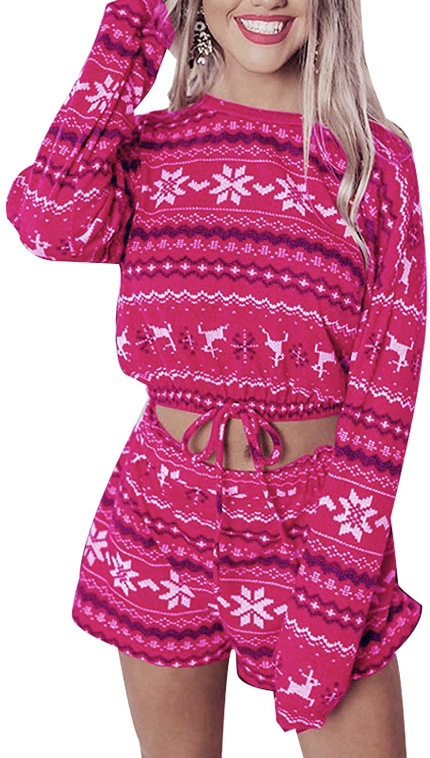Price:$23.99 Christmas Pajamas Set for Women,Sexy Fleece Long Sleeve Drawstring Sweater Tops+Shorts Nightwear Pj Set at Amazon Women’s Clothing store