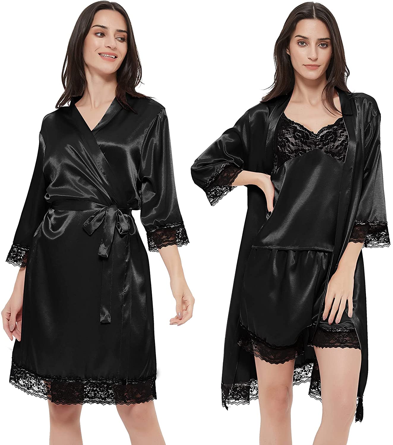 Price:$18.99 Sleepwear Lace Satin Cami Pajama Set with Robe Sexy Lingerie Nightwear Bridal PJ Set at Amazon Women’s Clothing store