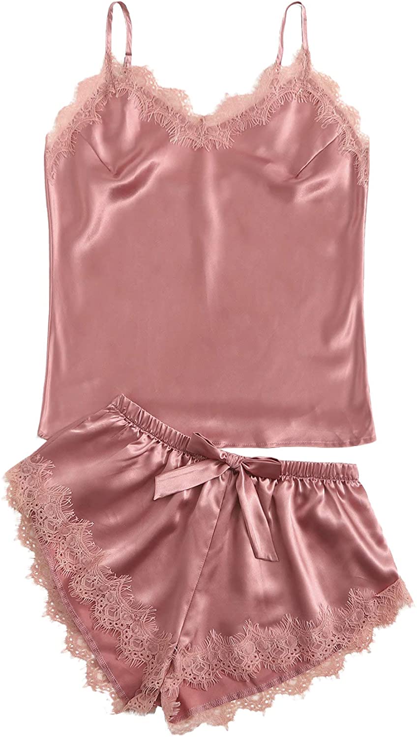 Price:$14.99 Women's Satin Lace Cami Top and Shorts Pajama Set at Amazon Women’s Clothing store