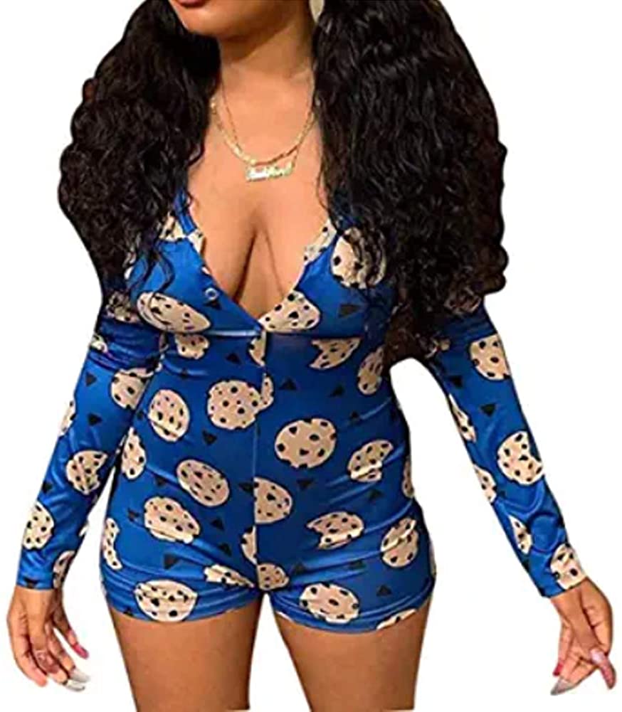 Price:$26.99 Women Sexy Print Butt Button Back Flap Pajamas - V Neck Long Sleeve One Piece Bodycon Onesies Short Jumpsuits : Clothing, Shoes & Jewelry