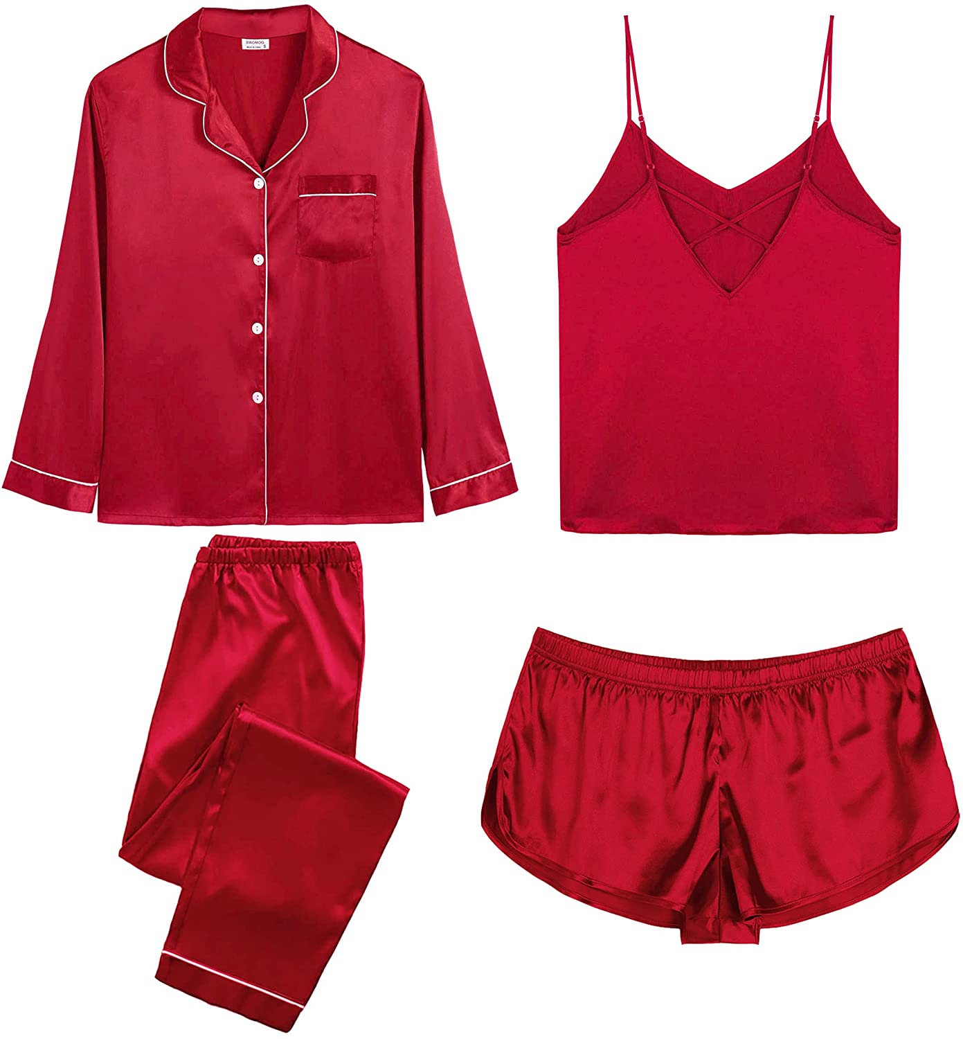 Price:$28.99 Pj Satin Long Sleeve Set 4pcs Womens Pajamas Silk Sleepwear Set Button Down Nightwear Sexy Cami Shorts Set Loungewear at Amazon Women’s Clothing store