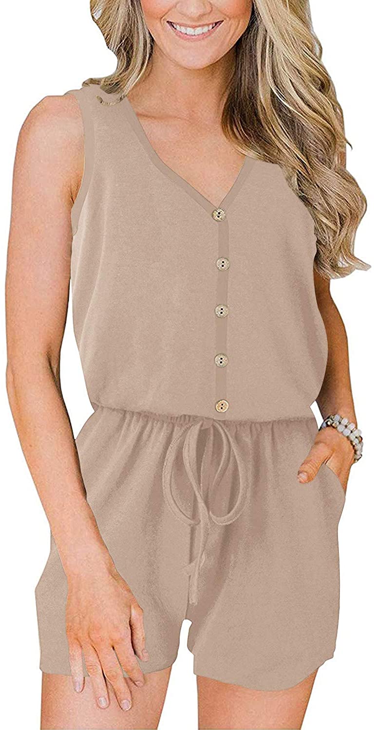 Price:$27.99 Women’s Summer Casual Sleeveless V Neck Front Button Loose Jumpsuits Rompers with Pockets : Clothing, Shoes & Jewelry