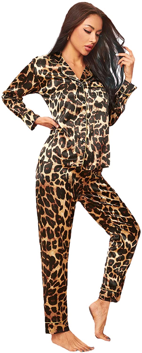Price:$28.99 Women's Satin Sleepwear Lapel V Neck Leopard Print Long Sleeve Pajamas Set at Amazon Women’s Clothing store