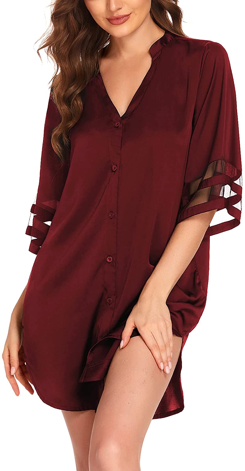 Price:$25.98 Women's Satin Nightgown Button Down Sleep Shirt 3/4 Bell Sleeve Nightshirt Boyfriend Sleepwear, S-XXL at Amazon Women’s Clothing store