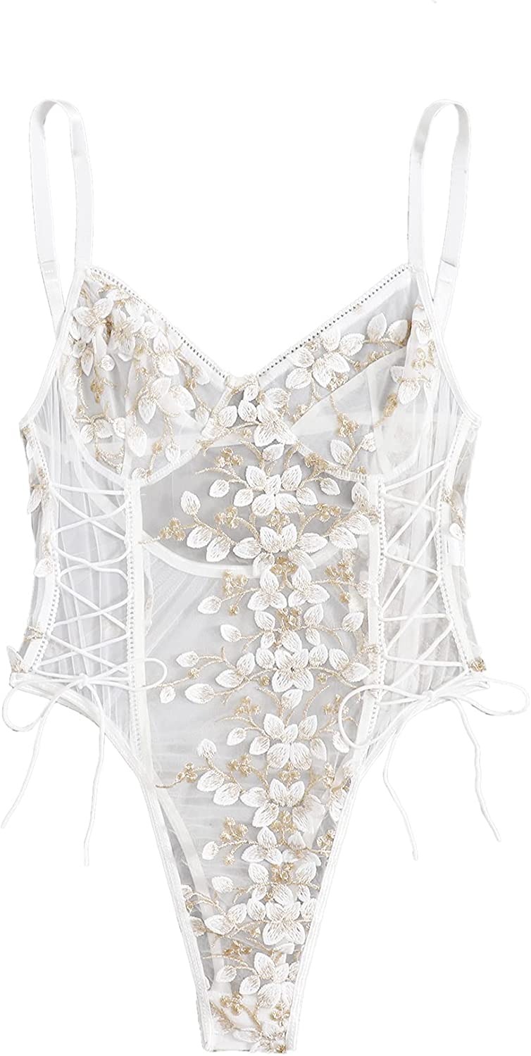 Price:$18.99 Women's Mesh Sheer One Piece Sexy Lace Up Embroidered Teddy Lingerie Bodysuit: Clothing, Shoes & Jewelry