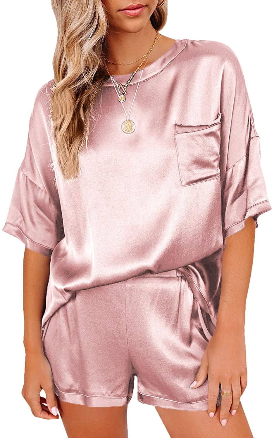 Price:$19.99 Women's Satin Silky Pajama Set Short Sleeve T-shirt With Shorts Set PJ Loungewear at Amazon Women’s Clothing store