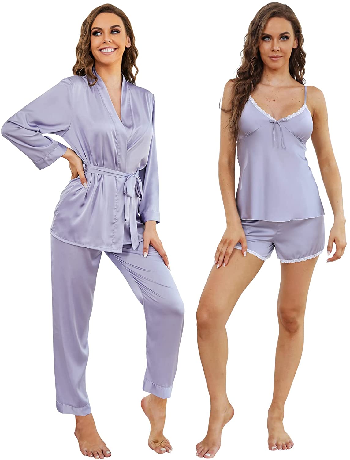 Price:$29.99 Women's Silk Satin Pajamas Set 4 Pcs Sleepwear Cami Top Pjs with Shorts and Robe at Amazon Women’s Clothing store