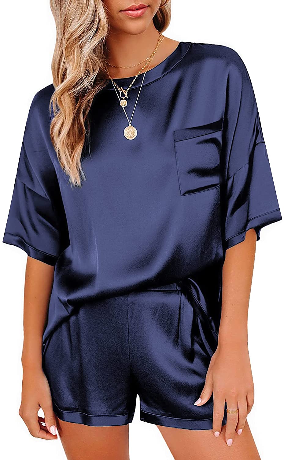 Price:$25.49 Satin Pajamas for Women Short Sleeve Silk Pajama Sets Soft Sleepwear Top with Causal Pj Shorts at Amazon Women’s Clothing store
