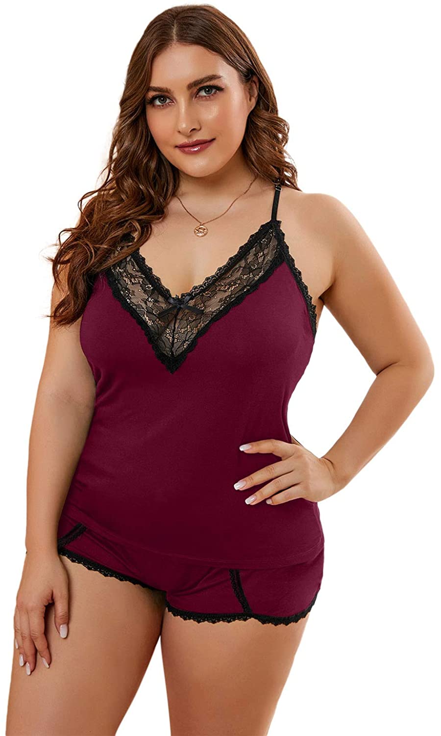 Price:$19.86 Women Sexy Plus Size Cami Shorts Soft Lounge Pajamas Sets L-5X at Amazon Women’s Clothing store