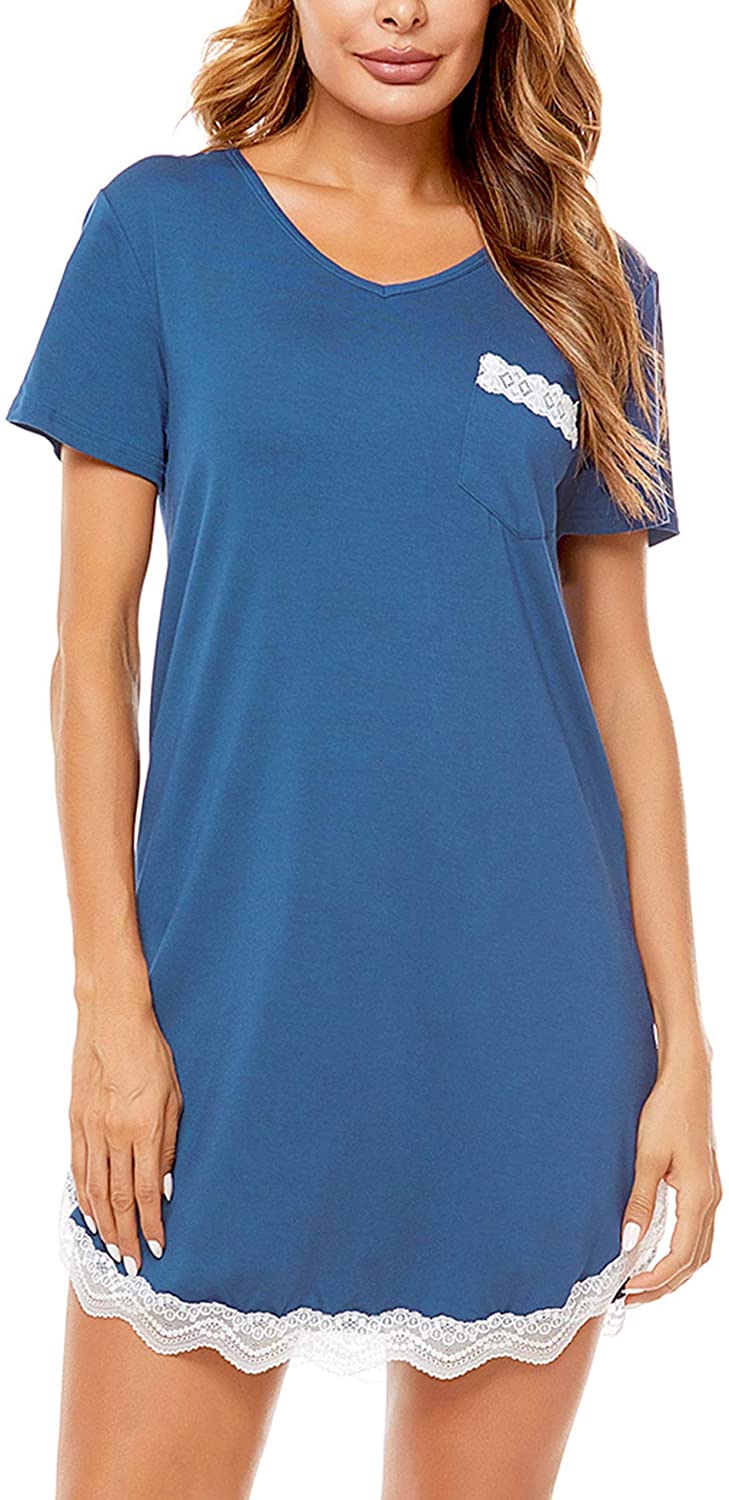 Price:$9.99 Womens Nightgown Short Sleeve Sleep Shirt Dress Sexy V Neck Lace Trim Soft Night Shirts at Amazon Women’s Clothing store