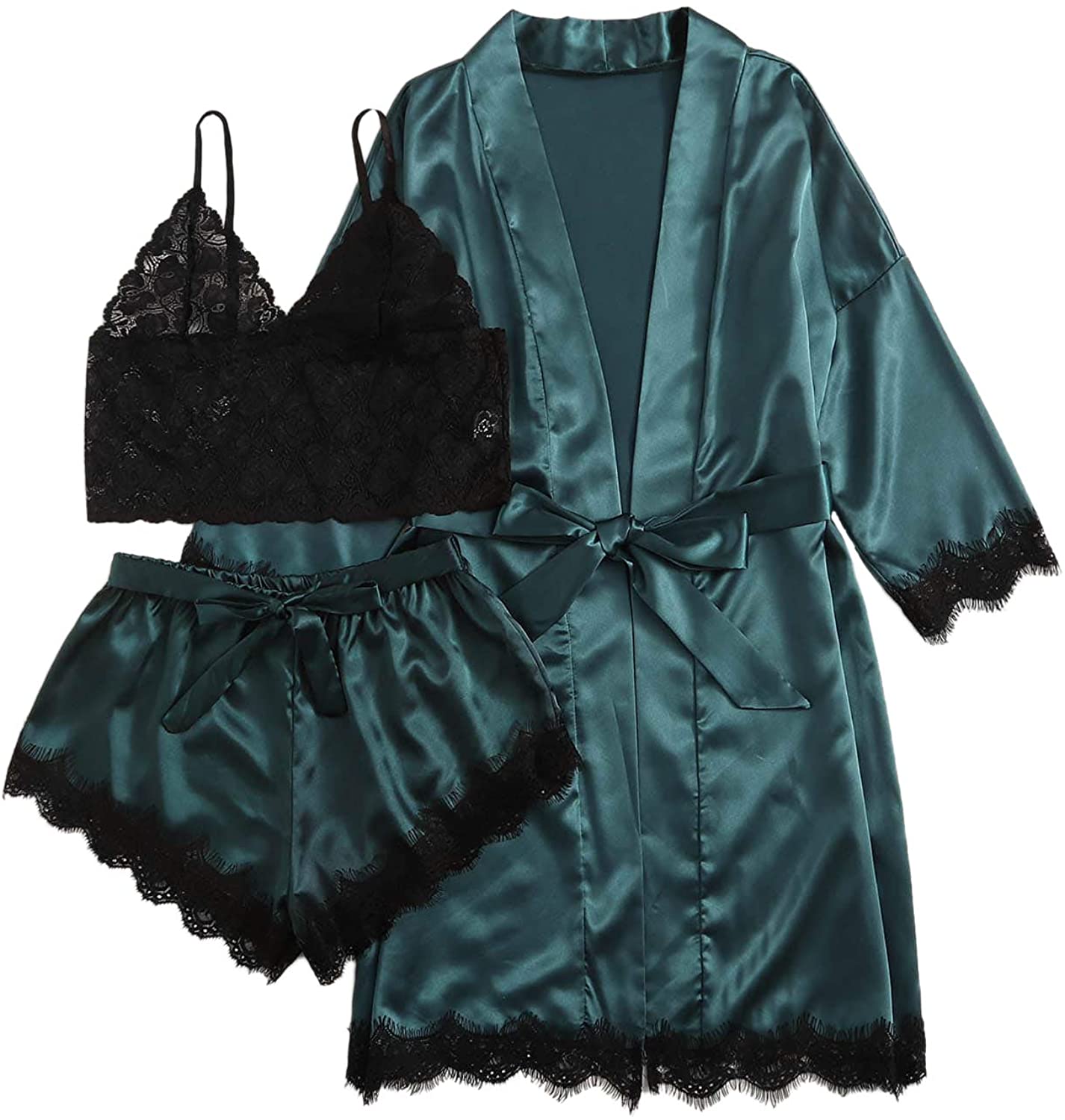 Price:$19.99 Women's Lace 3 Piece Satin Robe and Pajama Set with Robe Camisole Sleep Shorts: Clothing, Shoes & Jewelry