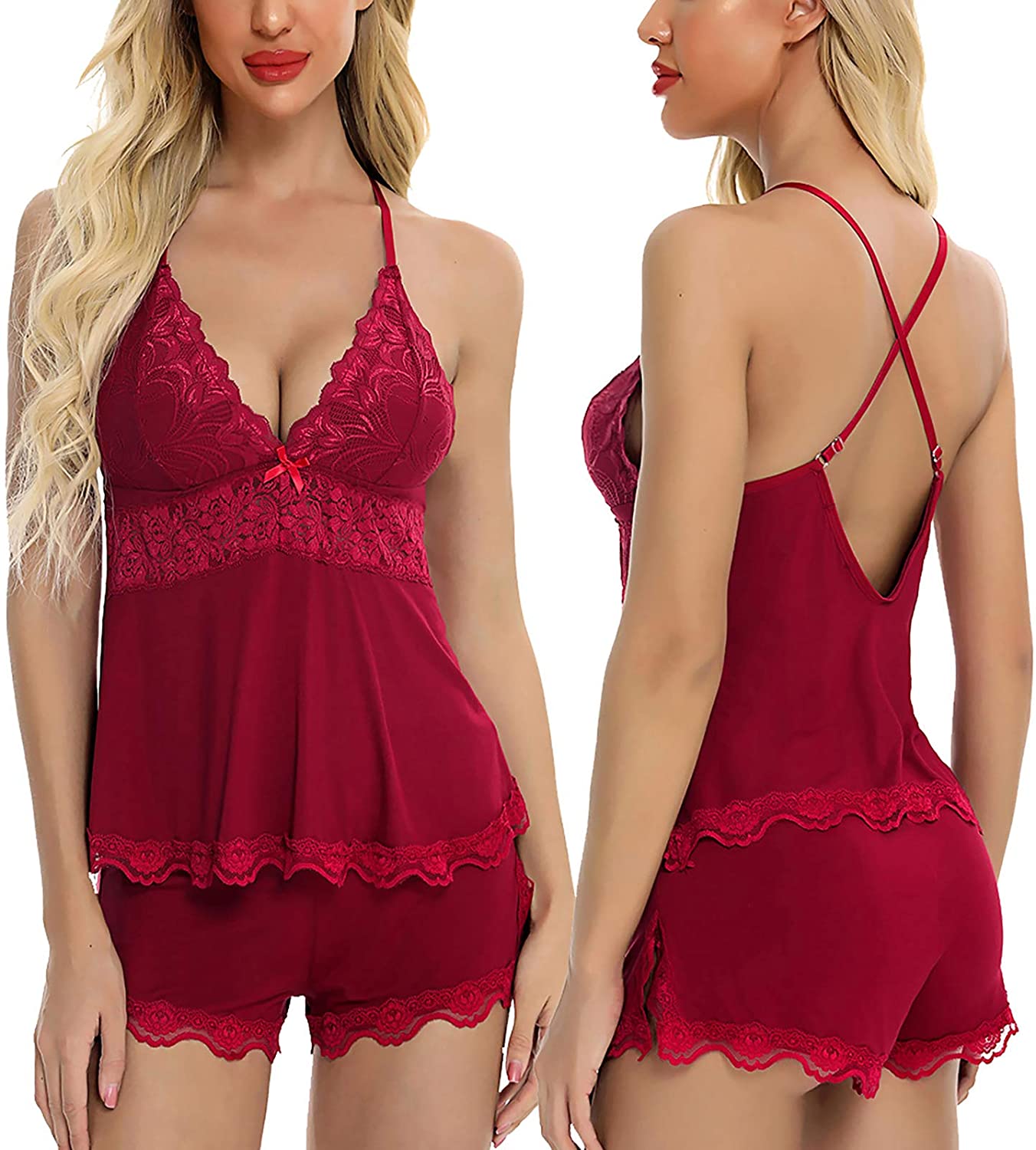 Price:$23.99 Women Sleepwear Sexy Lingerie Soft Pajamas Lace Cami Shorts Set V-Neck Nightwear S-XXL at Amazon Women’s Clothing store