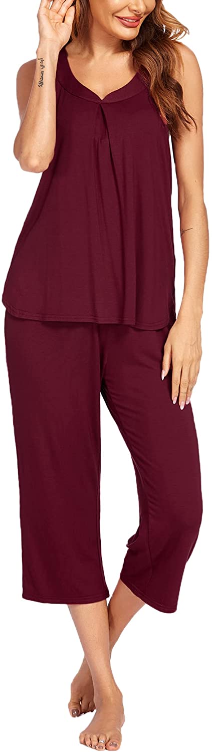 Price:$16.32 Women's Pajama Sets Capri Pants with Tank Tops Soft Sleepwear Ladies Sleep Sets with Pockets at Amazon Women’s Clothing store