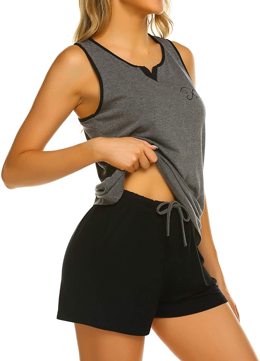 Price:$14.99 Womens Sleeveless Short Pajamas Sets Racerback Tank and Shorts Cute Sleepwear Sweetness PJs Set at Amazon Women’s Clothing store