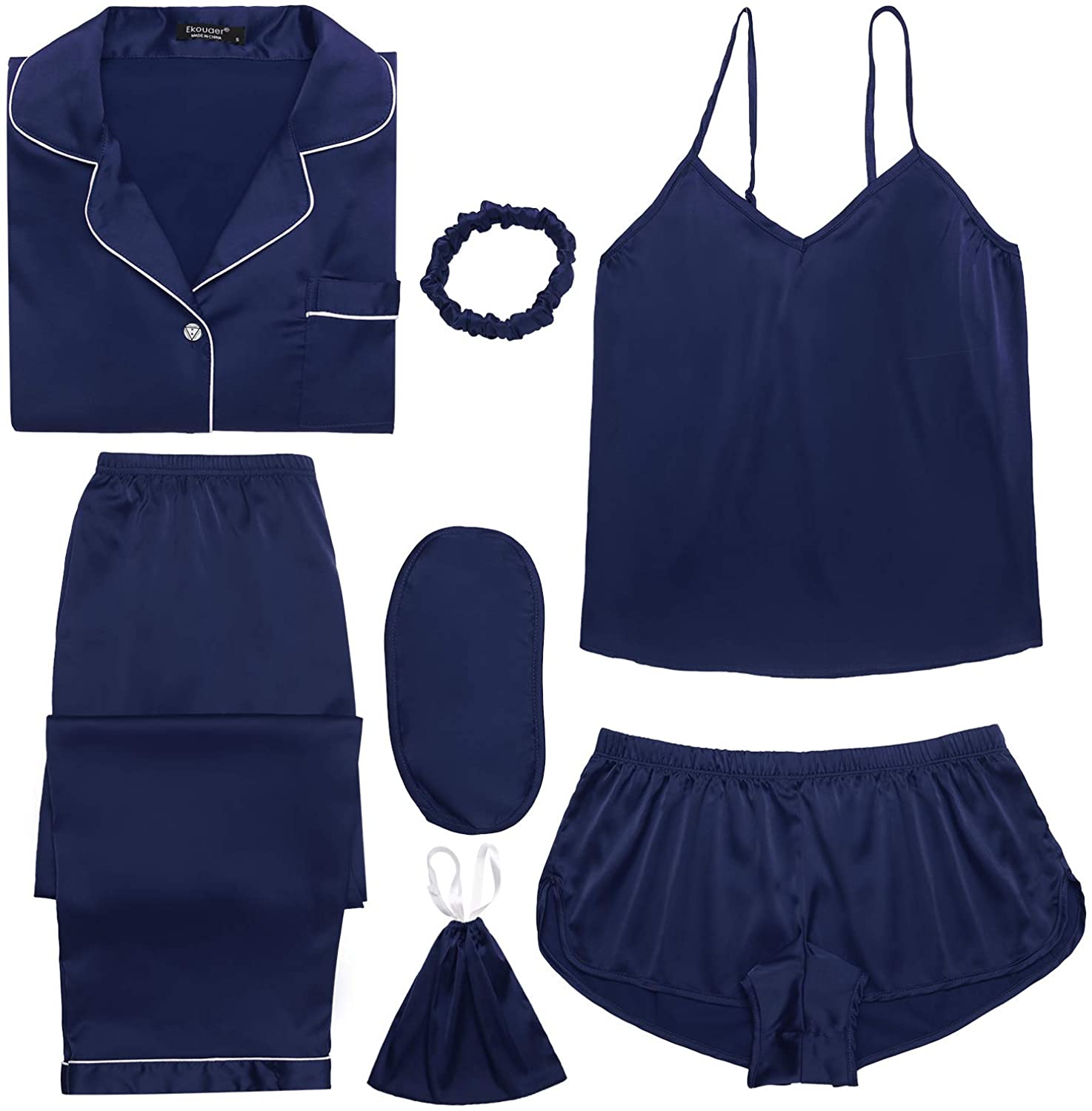 Price:$19.99 Silk Pajamas Gift Set Women 7pcs Satin Sleepwear Sexy Camisole Shorts Lingerie/Button Down Long Sleeve Pjs at Amazon Women’s Clothing store