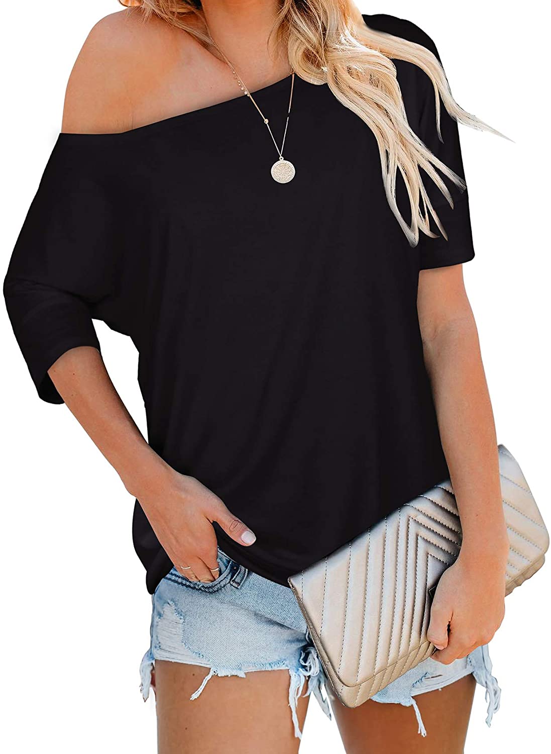 Price:$21.99 Women's Off The Shoulder Tops Casual Loose Fitting T Shirts at Amazon Women’s Clothing store