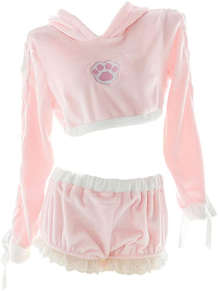 Price:$36.99 Lolita Girls Cute Pajamas Set Women Kawaii Rabbit Cosplay Plush Homewear Flannel Hoodie Sexy Sleepwear (Pink) at Amazon Women’s Clothing store