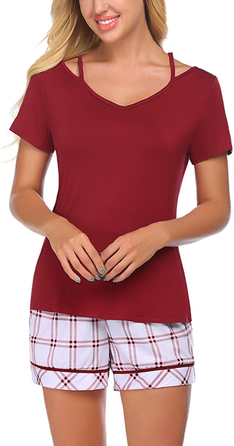 Price:$10.99 Women Cotton Pajama Set Short Sleeve Sleepwear Soft Pj Lounge Sets Plaid Shorts Nightwear at Amazon Women’s Clothing store