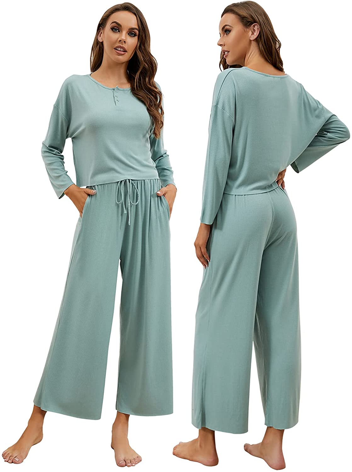 Price:$35.99 Womens Loungewear Set Knit Winter Lounge Set Long Sleeve Top 2 Piece Outfits Soft Pajamas with Pocket at Amazon Women’s Clothing store