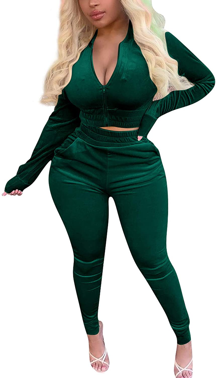 Price:$19.99 2 Piece Outfits Winter Fall Zip Up Jacket Sweatpants Bodycon Pants Jumpsuit Velour Tracksuit Sets at Amazon Women’s Clothing store