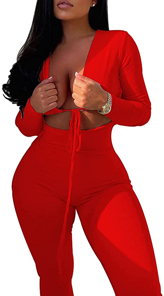 Price:$19.99 Women's Sexy Long Sleeve Cut Out Bodycon Jumpsuit Lace Up Front V Neck One Piece Outfit : Clothing, Shoes & Jewelry