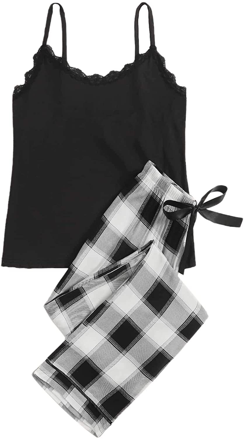 Price:$16.99 Women's Sleepwear Spaghetti Strap Lace Trim Top with Plaid Pants Pajamas Set at Amazon Women’s Clothing store