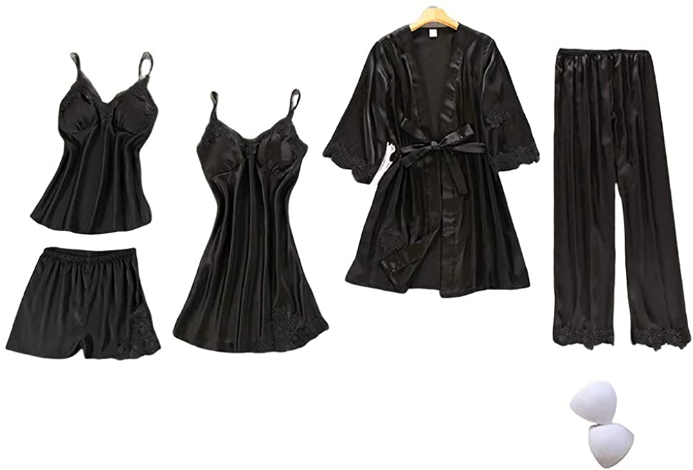 Price:$38.59 Women's Silk Satin Pajama Set Cami Top Nightgown Lace Night Robe Sexy Sleepwear Robe Sets Nightdress With Chest Pads: Clothing, Shoes & Jewelry