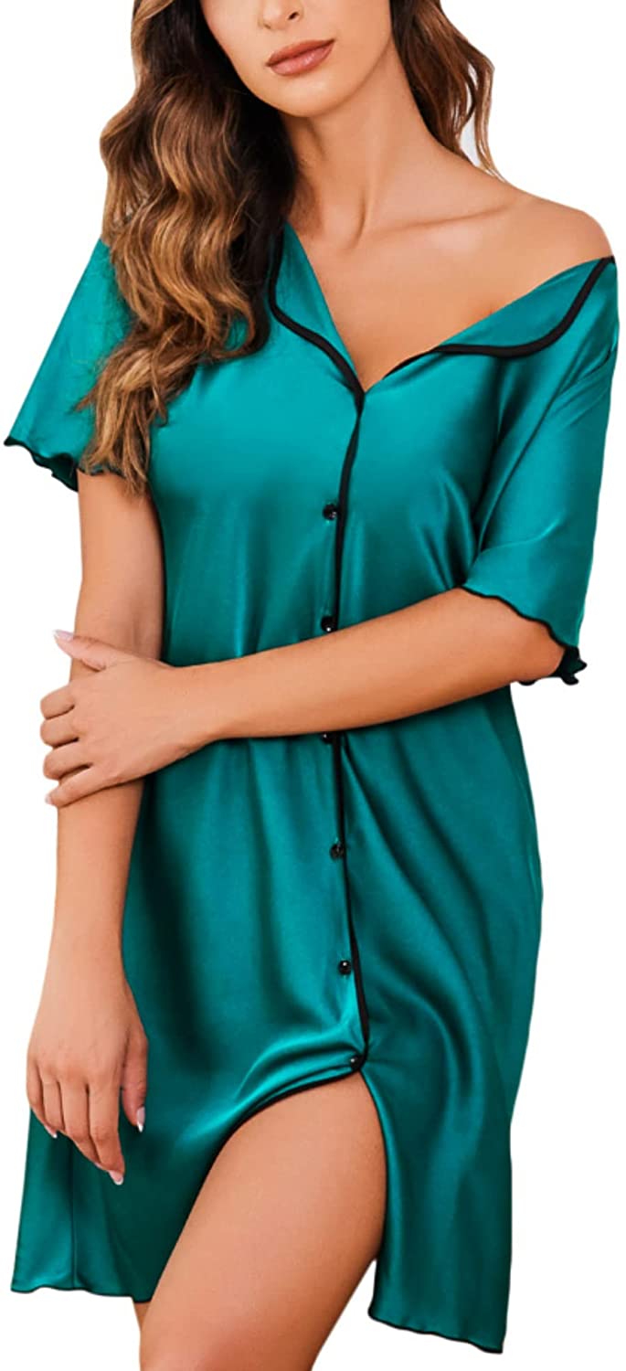 Price:$24.67 Women's Nightgown Button Down Sleepshirt Satin Short Sleeve Silk Nightshirt Sexy Boyfriend Sleepwear at Amazon Women’s Clothing store
