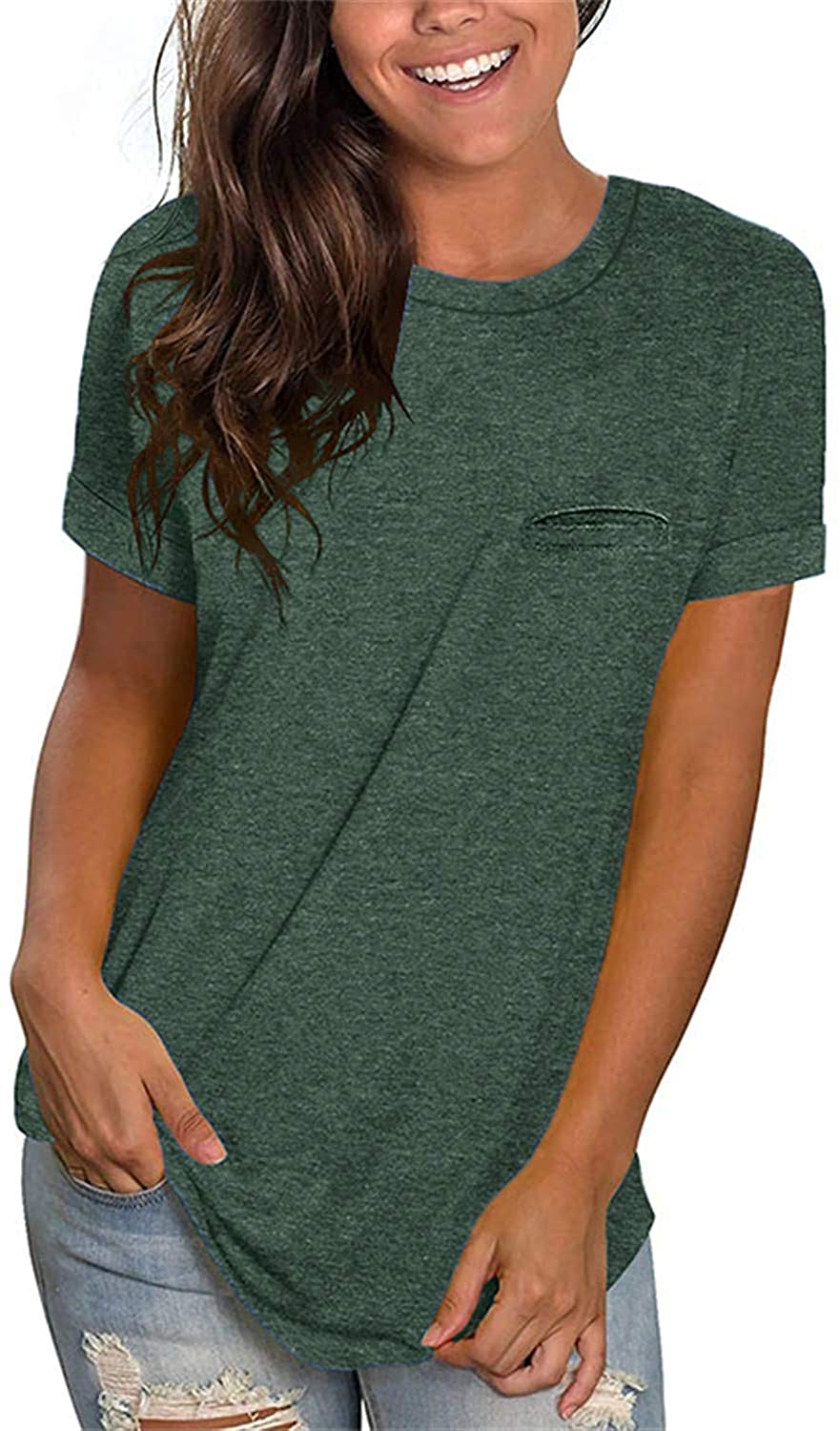 Price:$9.99 Women's Short Sleeve Shirts Crewneck Basic Tees Cute Summer Tops with Pocket at Amazon Women’s Clothing store